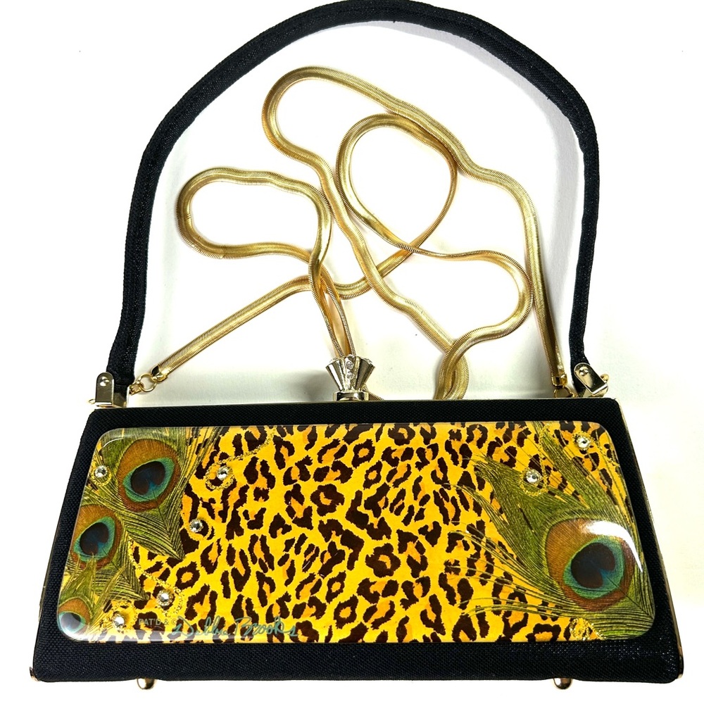 Debbie Brooks Black Gold Clasp Evening Bag Leopard Peacock Luxury Print Purse 36